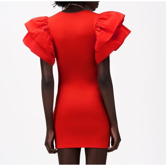Zara Red Ruffle Sleeve Bodycon Mini Dress Size S - Picture 2 of 13